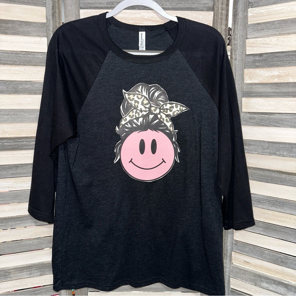 Smiley Face Messy Bun Raglan Top -L